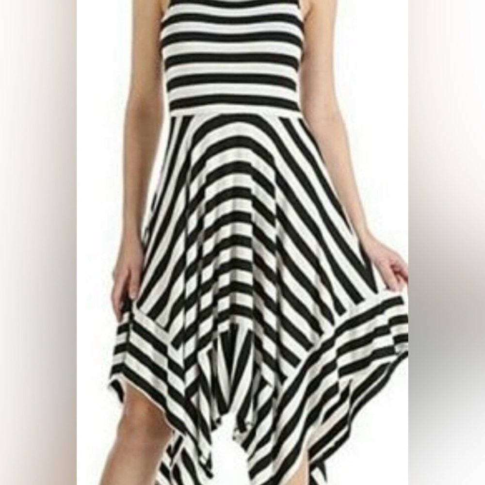Monteau Black White Striped Asymmetrical Hem Dress Size M Minimalist Boho